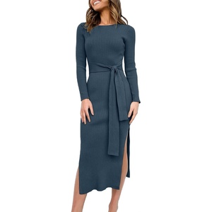 image:imageANRABESS Womens Long Sleeve Sweater Dress Crew Neck Slim Fit Slit Tie Waist 2026 Ribbed Knit Bodycon Midi Dress Fall OutfitsDusty Blue