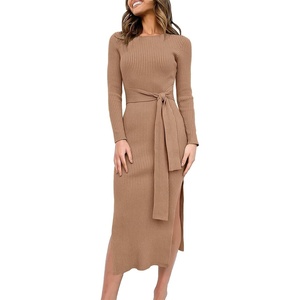 image:imageANRABESS Womens Long Sleeve Sweater Dress Crew Neck Slim Fit Slit Tie Waist 2026 Ribbed Knit Bodycon Midi Dress Fall OutfitsKhaki