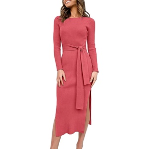 image:imageANRABESS Womens Long Sleeve Sweater Dress Crew Neck Slim Fit Slit Tie Waist 2026 Ribbed Knit Bodycon Midi Dress Fall OutfitsMaroon