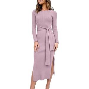 image:imageANRABESS Womens Long Sleeve Sweater Dress Crew Neck Slim Fit Slit Tie Waist 2026 Ribbed Knit Bodycon Midi Dress Fall OutfitsPurple