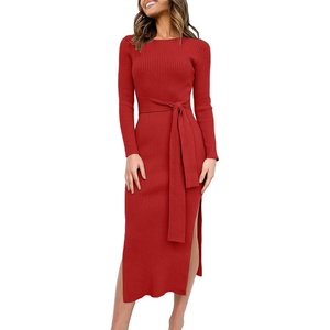 image:imageANRABESS Womens Long Sleeve Sweater Dress Crew Neck Slim Fit Slit Tie Waist 2026 Ribbed Knit Bodycon Midi Dress Fall OutfitsRed