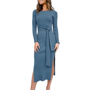image:imageANRABESS Womens Long Sleeve Sweater Dress Crew Neck Slim Fit Slit Tie Waist 2026 Ribbed Knit Bodycon Midi Dress Fall OutfitsTeal