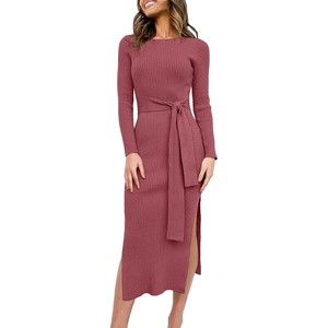 image:imageANRABESS Womens Long Sleeve Sweater Dress Crew Neck Slim Fit Slit Tie Waist 2026 Ribbed Knit Bodycon Midi Dress Fall OutfitsWatermelon Red