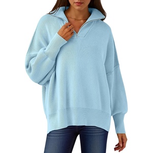 image:imageANRABESS Womens Oversized Quarter Zip Pullover Sweaters  Fall Fashion Outfits Long Sleeve Slit Side Baggy Loose Fit 14 Zip Lapel Collared Ribbed Knit Soft Warm Winter ClothingLight Blue