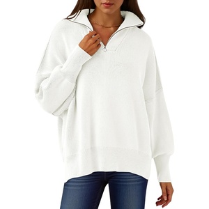 image:imageANRABESS Womens Oversized Quarter Zip Pullover Sweaters  Fall Fashion Outfits Long Sleeve Slit Side Baggy Loose Fit 14 Zip Lapel Collared Ribbed Knit Soft Warm Winter ClothingWhite