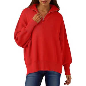 image:imageANRABESS Womens Oversized Quarter Zip Pullover Sweaters  Fall Fashion Outfits Long Sleeve Slit Side Baggy Loose Fit 14 Zip Lapel Collared Ribbed Knit Soft Warm Winter ClothingRed