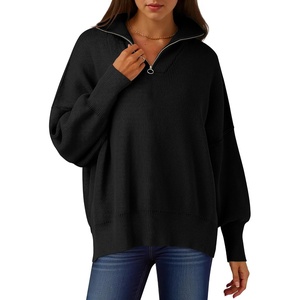 image:imageANRABESS Womens Oversized Quarter Zip Pullover Sweaters  Fall Fashion Outfits Long Sleeve Slit Side Baggy Loose Fit 14 Zip Lapel Collared Ribbed Knit Soft Warm Winter ClothingBlack