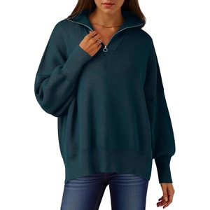 image:imageANRABESS Womens Oversized Quarter Zip Pullover Sweaters  Fall Fashion Outfits Long Sleeve Slit Side Baggy Loose Fit 14 Zip Lapel Collared Ribbed Knit Soft Warm Winter ClothingDeep Blue
