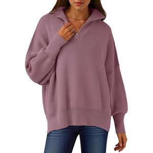 image:imageANRABESS Womens Oversized Quarter Zip Pullover Sweaters  Fall Fashion Outfits Long Sleeve Slit Side Baggy Loose Fit 14 Zip Lapel Collared Ribbed Knit Soft Warm Winter ClothingPurple
