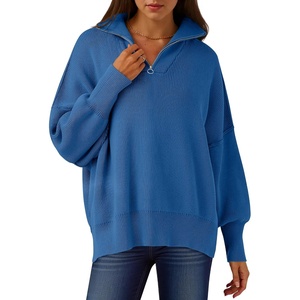 image:imageANRABESS Womens Oversized Quarter Zip Pullover Sweaters  Fall Fashion Outfits Long Sleeve Slit Side Baggy Loose Fit 14 Zip Lapel Collared Ribbed Knit Soft Warm Winter ClothingBlue