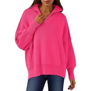 image:imageANRABESS Womens Oversized Quarter Zip Pullover Sweaters  Fall Fashion Outfits Long Sleeve Slit Side Baggy Loose Fit 14 Zip Lapel Collared Ribbed Knit Soft Warm Winter ClothingRose