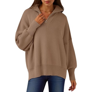 image:imageANRABESS Womens Oversized Quarter Zip Pullover Sweaters  Fall Fashion Outfits Long Sleeve Slit Side Baggy Loose Fit 14 Zip Lapel Collared Ribbed Knit Soft Warm Winter ClothingBrown
