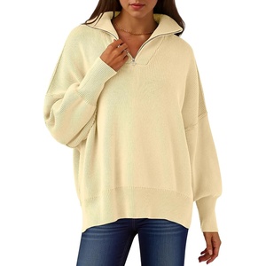 image:imageANRABESS Womens Oversized Quarter Zip Pullover Sweaters  Fall Fashion Outfits Long Sleeve Slit Side Baggy Loose Fit 14 Zip Lapel Collared Ribbed Knit Soft Warm Winter ClothingApricot