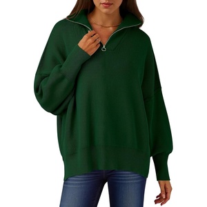 image:imageANRABESS Womens Oversized Quarter Zip Pullover Sweaters  Fall Fashion Outfits Long Sleeve Slit Side Baggy Loose Fit 14 Zip Lapel Collared Ribbed Knit Soft Warm Winter ClothingDark Green