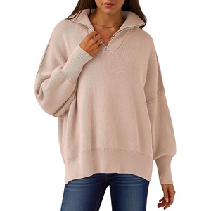 image:imageANRABESS Womens Oversized Quarter Zip Pullover Sweaters  Fall Fashion Outfits Long Sleeve Slit Side Baggy Loose Fit 14 Zip Lapel Collared Ribbed Knit Soft Warm Winter ClothingPink