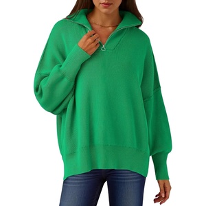 image:imageANRABESS Womens Oversized Quarter Zip Pullover Sweaters  Fall Fashion Outfits Long Sleeve Slit Side Baggy Loose Fit 14 Zip Lapel Collared Ribbed Knit Soft Warm Winter ClothingGreen