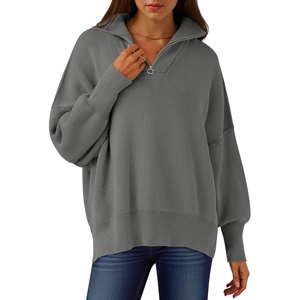 image:imageANRABESS Womens Oversized Quarter Zip Pullover Sweaters  Fall Fashion Outfits Long Sleeve Slit Side Baggy Loose Fit 14 Zip Lapel Collared Ribbed Knit Soft Warm Winter ClothingDark Gray