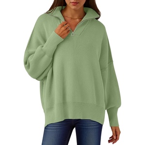 image:imageANRABESS Womens Oversized Quarter Zip Pullover Sweaters  Fall Fashion Outfits Long Sleeve Slit Side Baggy Loose Fit 14 Zip Lapel Collared Ribbed Knit Soft Warm Winter ClothingLight Green