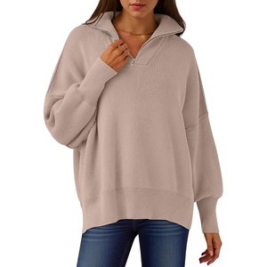 image:imageANRABESS Womens Oversized Quarter Zip Pullover Sweaters  Fall Fashion Outfits Long Sleeve Slit Side Baggy Loose Fit 14 Zip Lapel Collared Ribbed Knit Soft Warm Winter ClothingSand