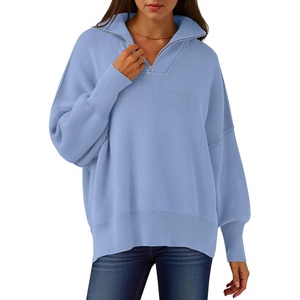 image:imageANRABESS Womens Oversized Quarter Zip Pullover Sweaters  Fall Fashion Outfits Long Sleeve Slit Side Baggy Loose Fit 14 Zip Lapel Collared Ribbed Knit Soft Warm Winter ClothingSky Blue