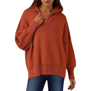 image:imageANRABESS Womens Oversized Quarter Zip Pullover Sweaters  Fall Fashion Outfits Long Sleeve Slit Side Baggy Loose Fit 14 Zip Lapel Collared Ribbed Knit Soft Warm Winter ClothingRust