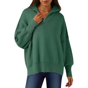 image:imageANRABESS Womens Oversized Quarter Zip Pullover Sweaters  Fall Fashion Outfits Long Sleeve Slit Side Baggy Loose Fit 14 Zip Lapel Collared Ribbed Knit Soft Warm Winter ClothingDeep Gray Geen