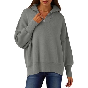 image:imageANRABESS Womens Oversized Quarter Zip Pullover Sweaters  Fall Fashion Outfits Long Sleeve Slit Side Baggy Loose Fit 14 Zip Lapel Collared Ribbed Knit Soft Warm Winter ClothingDeep Gray