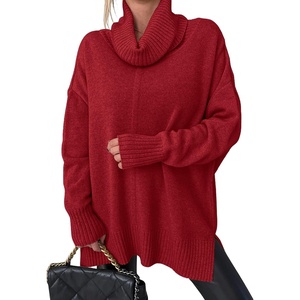 image:imageANRABESS Womens Oversized Turtleneck Tunic Sweater  Chunky Soft Batwing Pullover Side Hem Split Knit Tops Dressy Casual Work Office Clothes for Fall Winter TransitionRed