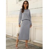 image:imageANRABESS Women 2 Piece Striped Sweater Skirt Set  Cozy Knit Matching Outfit Crew Neck Long Sleeve Top Midi Pencil Skirt Fall Winter Clothes for Work Casual Outing TravelGrey White