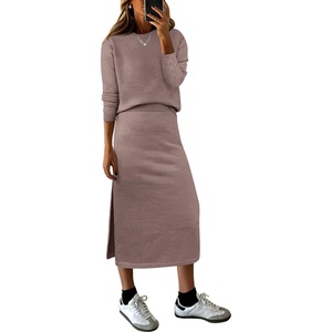 image:imageANRABESS Women 2 Piece Striped Sweater Skirt Set  Cozy Knit Matching Outfit Crew Neck Long Sleeve Top Midi Pencil Skirt Fall Winter Clothes for Work Casual Outing TravelNutmeg