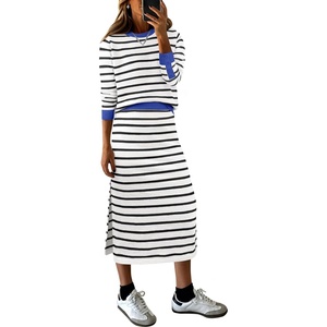 image:imageANRABESS Women 2 Piece Striped Sweater Skirt Set  Cozy Knit Matching Outfit Crew Neck Long Sleeve Top Midi Pencil Skirt Fall Winter Clothes for Work Casual Outing TravelWhite Black Blue