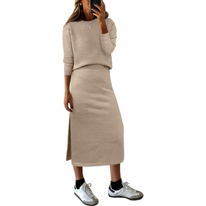 image:imageANRABESS Women 2 Piece Striped Sweater Skirt Set  Cozy Knit Matching Outfit Crew Neck Long Sleeve Top Midi Pencil Skirt Fall Winter Clothes for Work Casual Outing TravelKhaki
