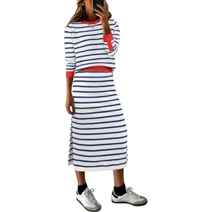 image:imageANRABESS Women 2 Piece Striped Sweater Skirt Set  Cozy Knit Matching Outfit Crew Neck Long Sleeve Top Midi Pencil Skirt Fall Winter Clothes for Work Casual Outing TravelWhite Blue Red