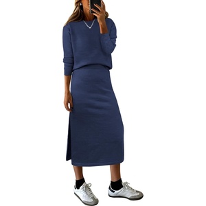 image:imageANRABESS Women 2 Piece Striped Sweater Skirt Set  Cozy Knit Matching Outfit Crew Neck Long Sleeve Top Midi Pencil Skirt Fall Winter Clothes for Work Casual Outing TravelBlue