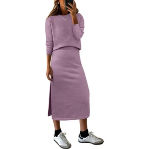 image:imageANRABESS Women 2 Piece Striped Sweater Skirt Set  Cozy Knit Matching Outfit Crew Neck Long Sleeve Top Midi Pencil Skirt Fall Winter Clothes for Work Casual Outing TravelLight Purple