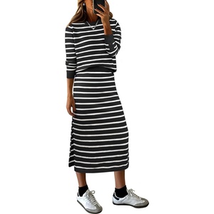 image:imageANRABESS Women 2 Piece Striped Sweater Skirt Set  Cozy Knit Matching Outfit Crew Neck Long Sleeve Top Midi Pencil Skirt Fall Winter Clothes for Work Casual Outing TravelWhite Black