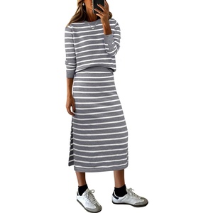 image:imageANRABESS Women 2 Piece Striped Sweater Skirt Set  Cozy Knit Matching Outfit Crew Neck Long Sleeve Top Midi Pencil Skirt Fall Winter Clothes for Work Casual Outing TravelGrey White