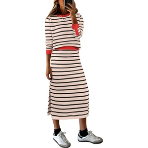 image:imageANRABESS Women 2 Piece Striped Sweater Skirt Set  Cozy Knit Matching Outfit Crew Neck Long Sleeve Top Midi Pencil Skirt Fall Winter Clothes for Work Casual Outing TravelBeige Black Red