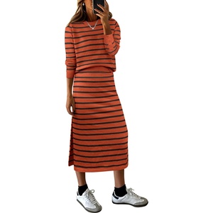 image:imageANRABESS Women 2 Piece Striped Sweater Skirt Set  Cozy Knit Matching Outfit Crew Neck Long Sleeve Top Midi Pencil Skirt Fall Winter Clothes for Work Casual Outing TravelRust Red Black