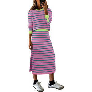 image:imageANRABESS Women 2 Piece Striped Sweater Skirt Set  Cozy Knit Matching Outfit Crew Neck Long Sleeve Top Midi Pencil Skirt Fall Winter Clothes for Work Casual Outing TravelPink Green