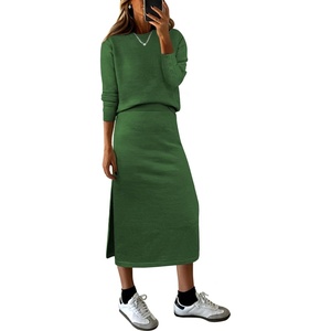 image:imageANRABESS Women 2 Piece Striped Sweater Skirt Set  Cozy Knit Matching Outfit Crew Neck Long Sleeve Top Midi Pencil Skirt Fall Winter Clothes for Work Casual Outing TravelGreen