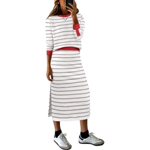 image:imageANRABESS Women 2 Piece Striped Sweater Skirt Set  Cozy Knit Matching Outfit Crew Neck Long Sleeve Top Midi Pencil Skirt Fall Winter Clothes for Work Casual Outing TravelWhite Grey Red