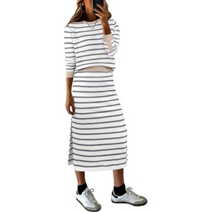 image:imageANRABESS Women 2 Piece Striped Sweater Skirt Set  Cozy Knit Matching Outfit Crew Neck Long Sleeve Top Midi Pencil Skirt Fall Winter Clothes for Work Casual Outing TravelWhite Grey Beige