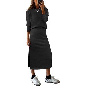 image:imageANRABESS Women 2 Piece Striped Sweater Skirt Set  Cozy Knit Matching Outfit Crew Neck Long Sleeve Top Midi Pencil Skirt Fall Winter Clothes for Work Casual Outing TravelBlack