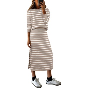 image:imageANRABESS Women 2 Piece Striped Sweater Skirt Set  Cozy Knit Matching Outfit Crew Neck Long Sleeve Top Midi Pencil Skirt Fall Winter Clothes for Work Casual Outing TravelAlmond White
