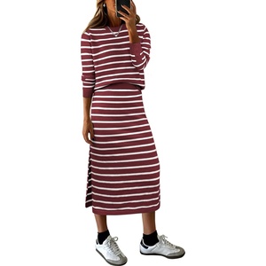 image:imageANRABESS Women 2 Piece Striped Sweater Skirt Set  Cozy Knit Matching Outfit Crew Neck Long Sleeve Top Midi Pencil Skirt Fall Winter Clothes for Work Casual Outing TravelRed White