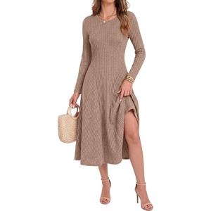 image:imageANRABESS Womens Long Sleeve Ribbed Knit Fall Midi Dresses  Crewneck Flared Swing Flowy A Line Sweater Dress Soft Comfy Fitted Stretchy Casual Winter Work Date Night Everyday WearTan