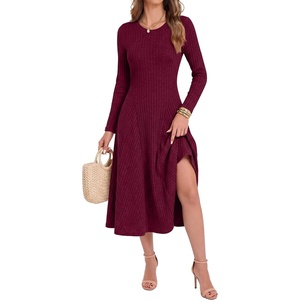 image:imageANRABESS Womens Long Sleeve Ribbed Knit Fall Midi Dresses  Crewneck Flared Swing Flowy A Line Sweater Dress Soft Comfy Fitted Stretchy Casual Winter Work Date Night Everyday WearBurgundy