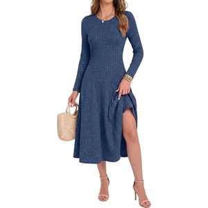 image:imageANRABESS Womens Long Sleeve Ribbed Knit Fall Midi Dresses  Crewneck Flared Swing Flowy A Line Sweater Dress Soft Comfy Fitted Stretchy Casual Winter Work Date Night Everyday WearDark Blue