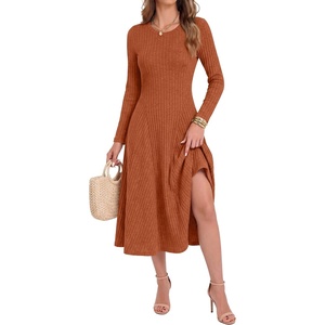 image:imageANRABESS Womens Long Sleeve Ribbed Knit Fall Midi Dresses  Crewneck Flared Swing Flowy A Line Sweater Dress Soft Comfy Fitted Stretchy Casual Winter Work Date Night Everyday WearBurnt Orange
